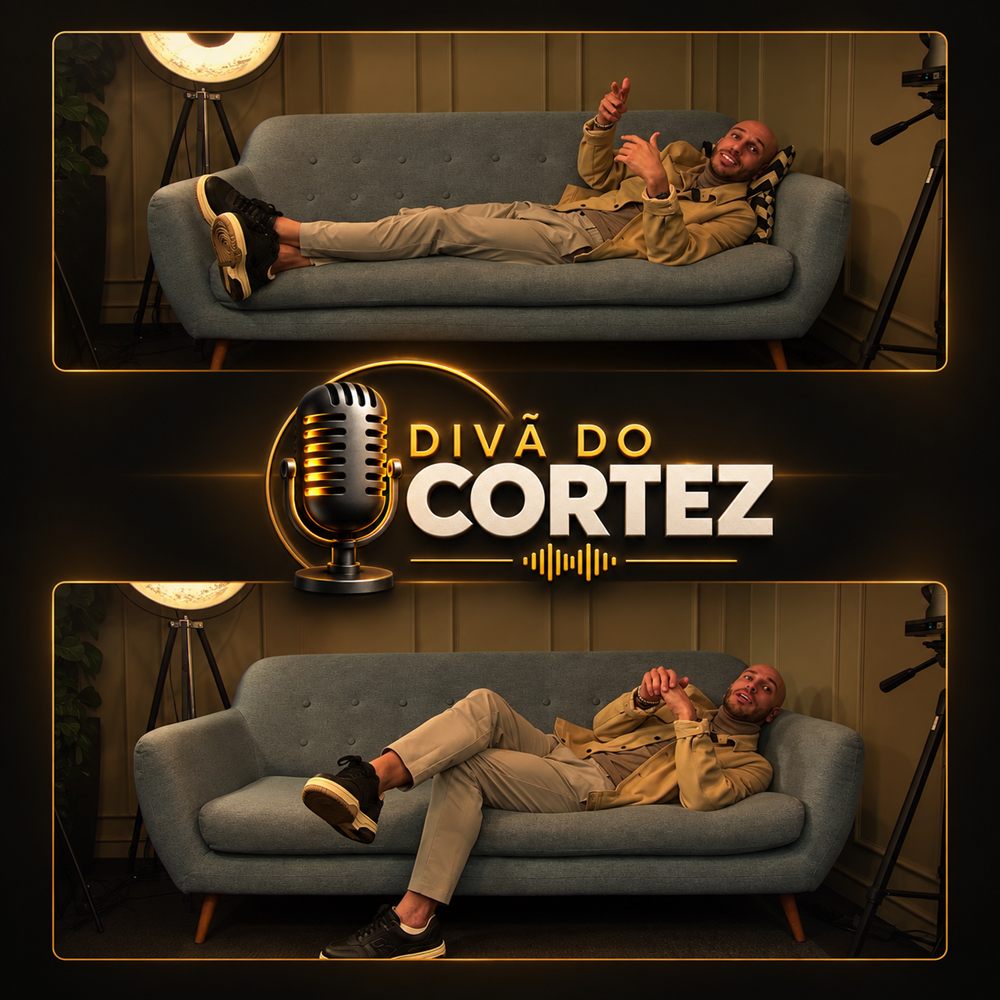 Fausto Carvalho deitado no divã do estúdio, em dois momentos, com a logo do Divã do Cortez ao centro